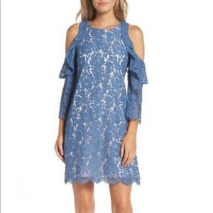 Eliza J dusty blue lace cold shoulder dress